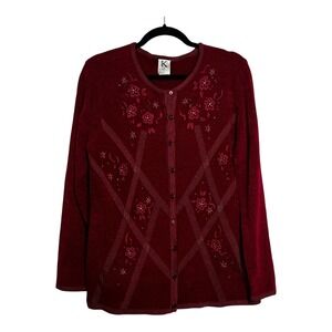 Shana K Womens Burgundy Red Floral Embroidered Beaded Button Front Cardigan L